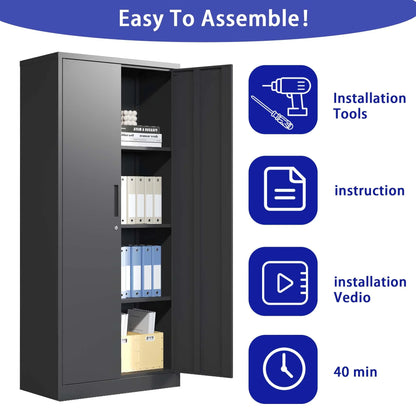 DUOSONG 71"H Metal Garage Storage Cabinet, Black Tool Steel Locking Cabinet With Doors And 3 Shelves, Tall Cabinets For Garage Storage Systems Lockable File Cabinet For Home Office, Classroom/Pantry