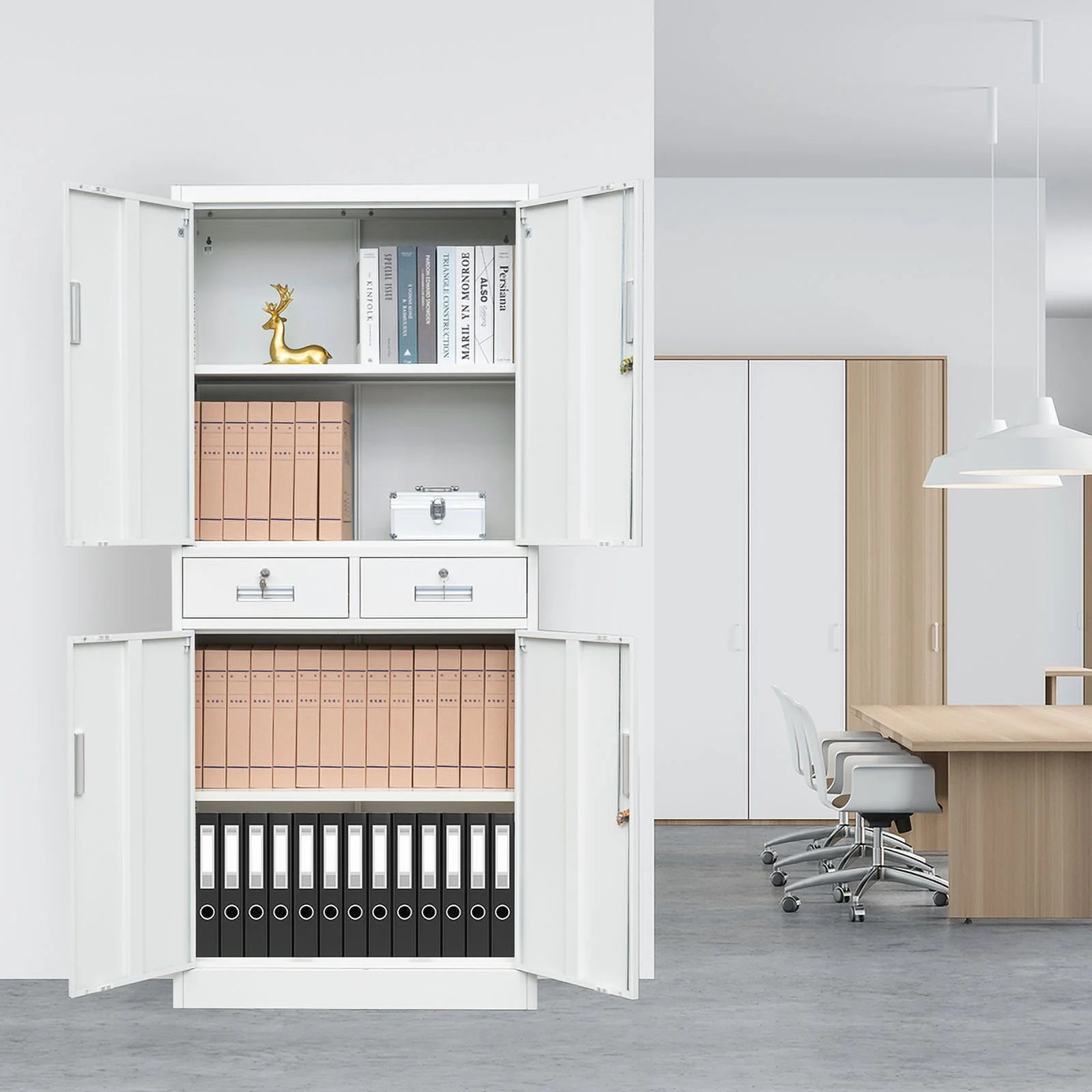Metal Storage Cabinets with 2 Drawer and Adjustable Shelves, Locking Storage Cabinet for Pantry Kitchen Home Office Garage Living Dining Room (White)