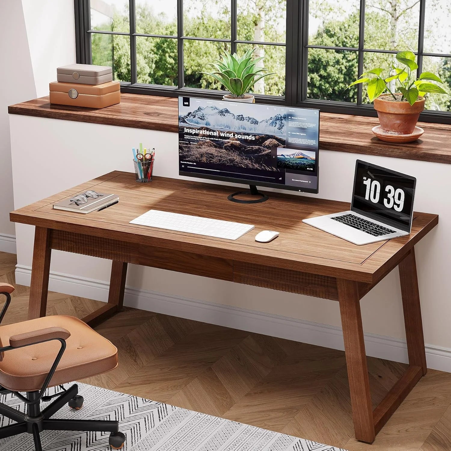 Executive Desk, 55 Inches Solid Wood Computer Desk with Drawer for Home Office