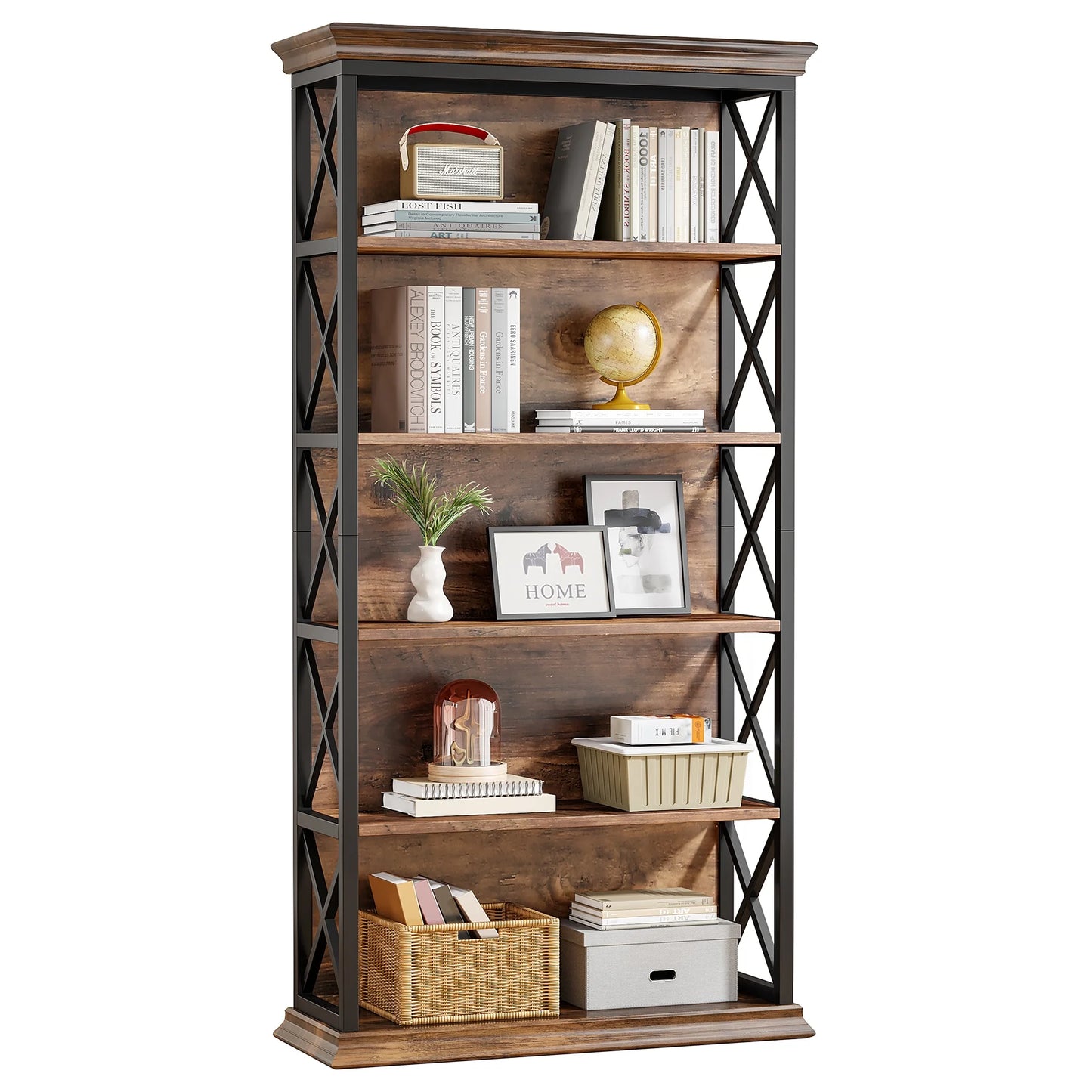 Fnova 71" 5-Tier Tall Bookshelf, Industrial Wood Bookcase with Metal Frame, Floor Standing Display Storage Shelves for Home Office, Living Room, Bedroom