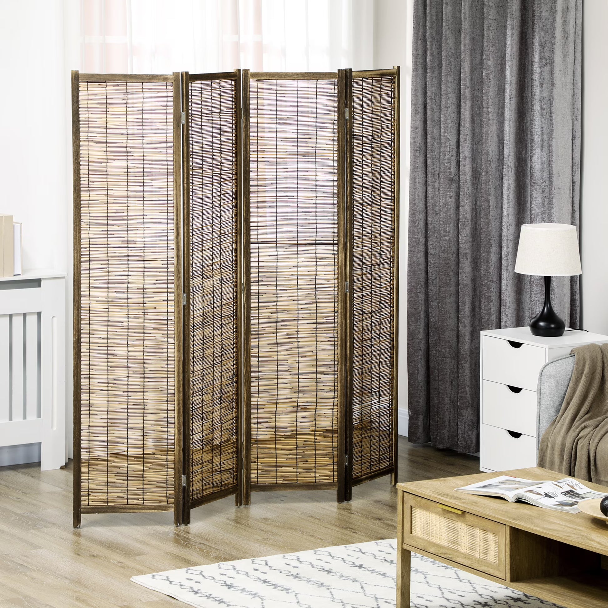 HOMCOM Woven 4 Panel Room Divider, 5.5' Tall Folding Privacy Screen, Brown