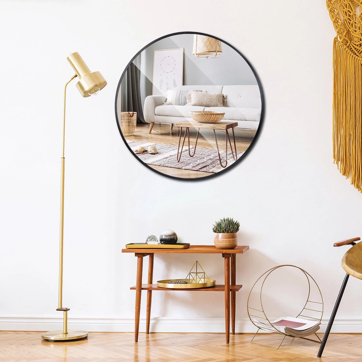 SuperDeal 24 inch Diameter Round Wall Mirror HD Explosion-Proof Black Aluminum Alloy Frame