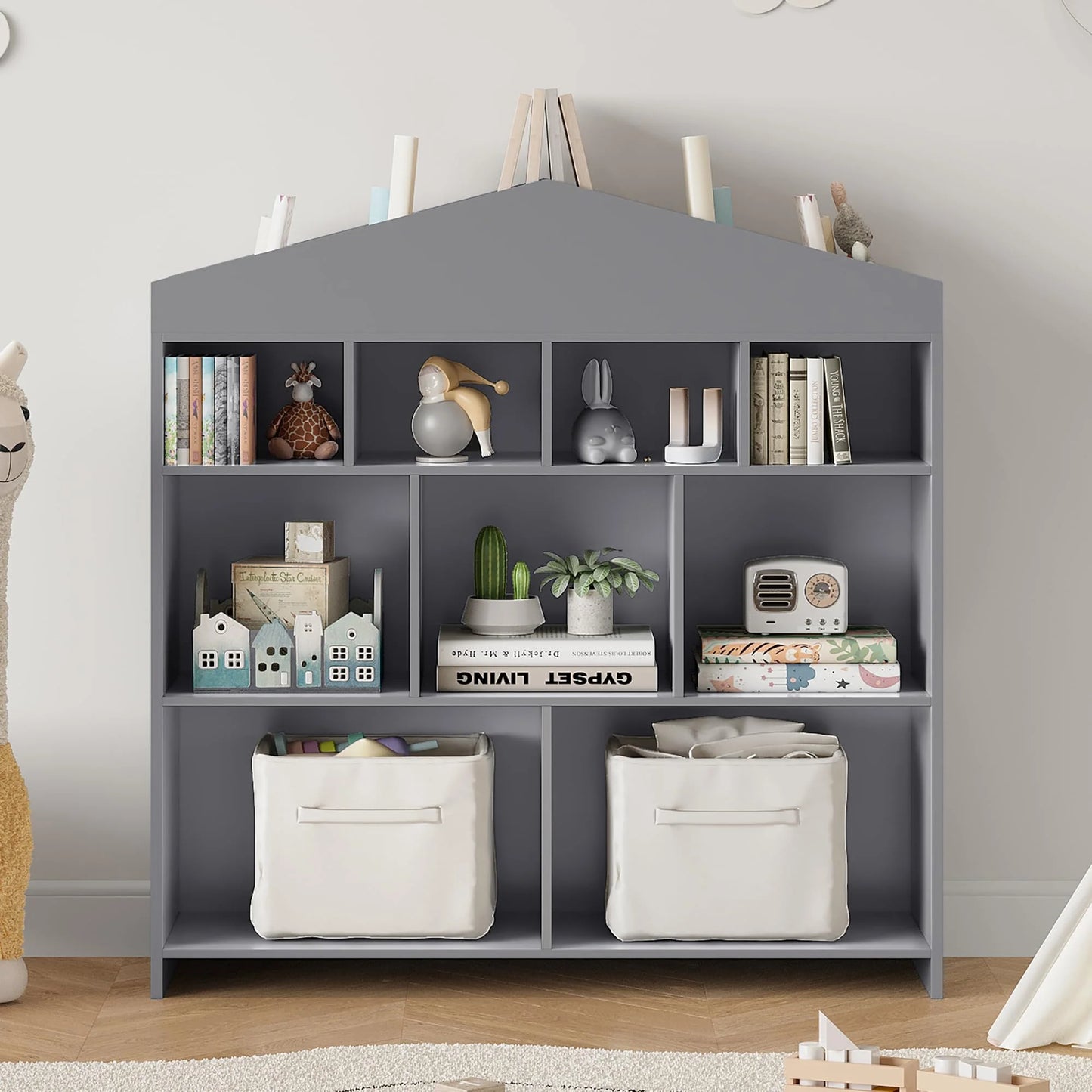 DSstyles Kids Bookshelf 9-Cubby Toy Storage Organizer White Bookcase Toddlers Playhouse Cabinet Shelf for Boys Girls Wooden Storage Toy Shelf for Playroom, Nursery, Kids Room