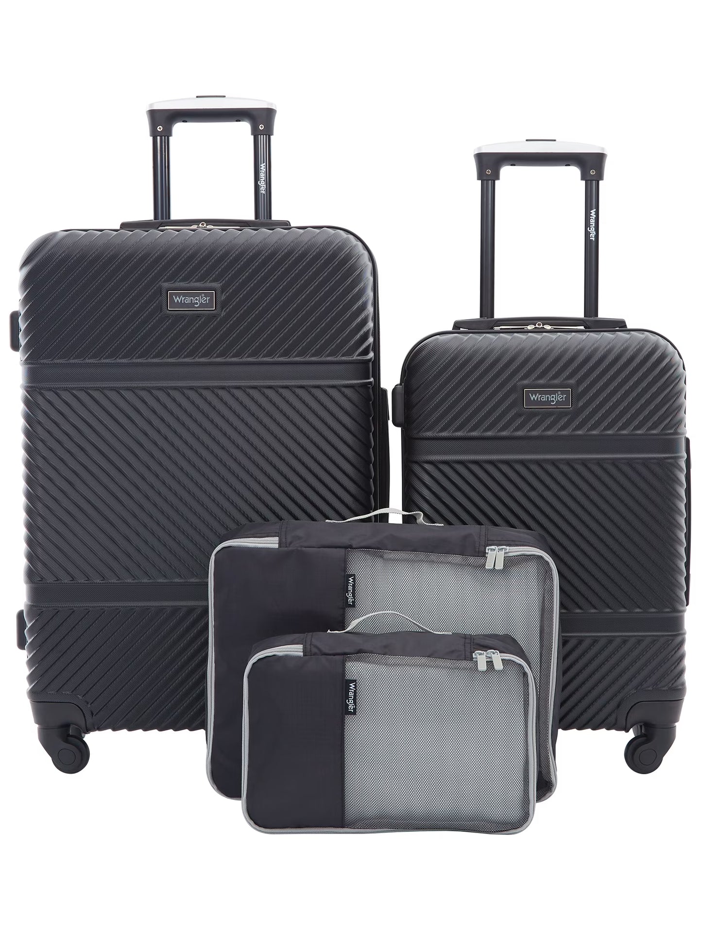 Wrangler 4 Piece Expandable Hardside Spinner Luggage Set with Packing Cubes, Sharkskin Grey