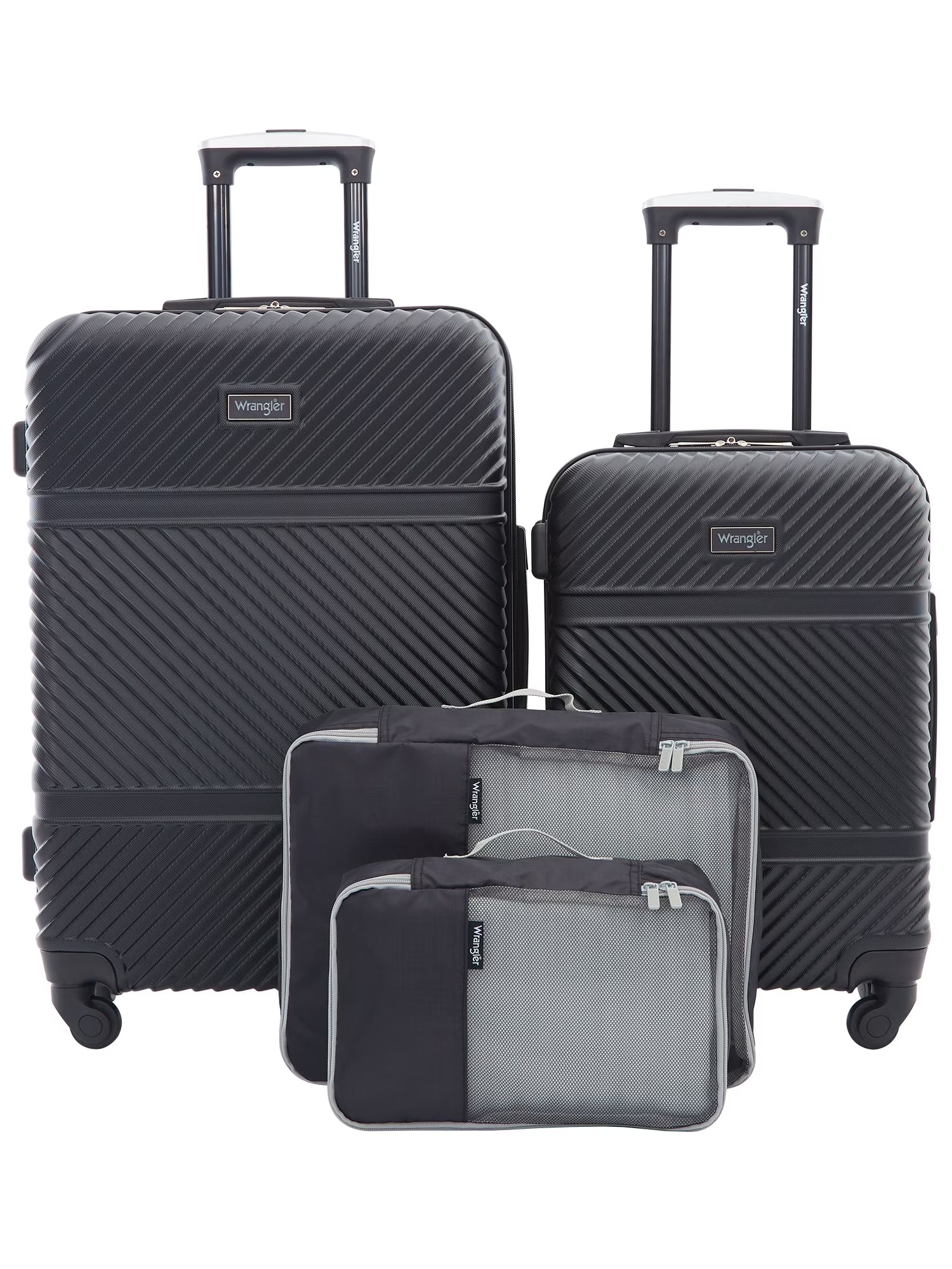 Wrangler 4 Piece Expandable Hardside Spinner Luggage Set with Packing Cubes, Sharkskin Grey