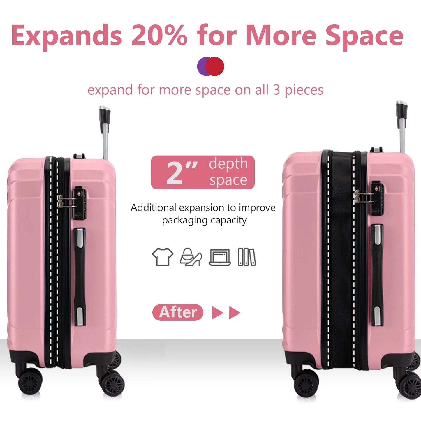 Luggage Expandable Hardside,PC ABS Lightweight Checked Suitecase with Spinner Wheels,TSA Lock,28 inch Pink