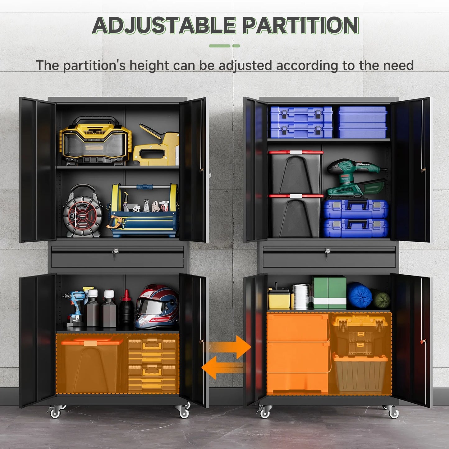 STANI Metal Garage Storage Cabinets with Drawer, 4 Doors Tool Storage Cabinet with 2 Adjustable Shelves, 73"H Rolling Steel Locking Cabinet for Garage Utility Room Home Office (Black, 4 Wheel)