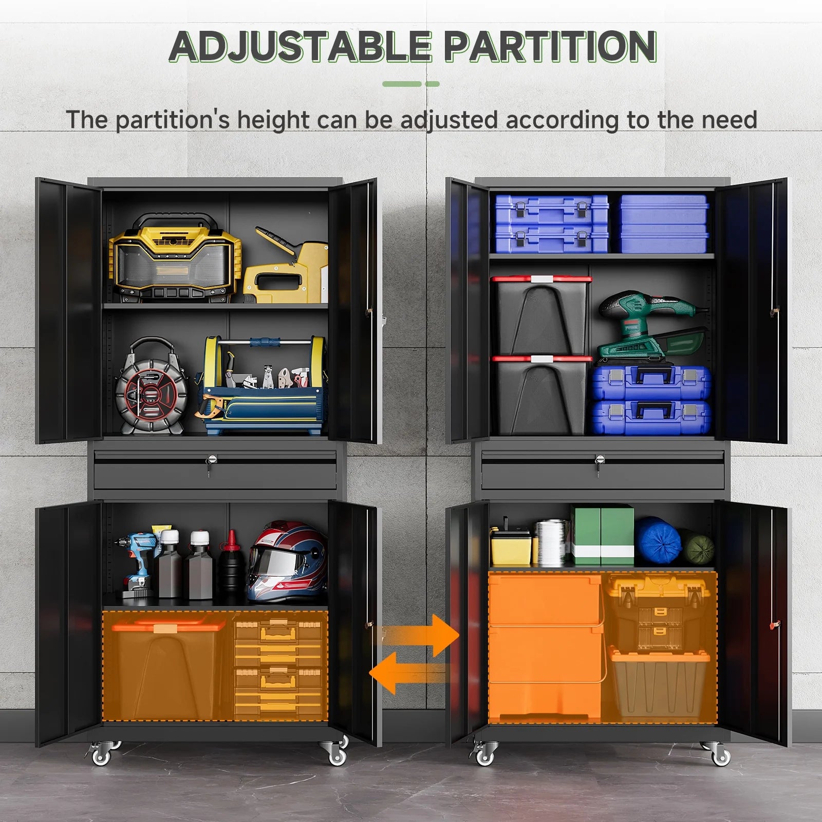 STANI Metal Garage Storage Cabinets with Drawer, 4 Doors Tool Storage Cabinet with 2 Adjustable Shelves, 73"H Rolling Steel Locking Cabinet for Garage Utility Room Home Office (Black, 4 Wheel)