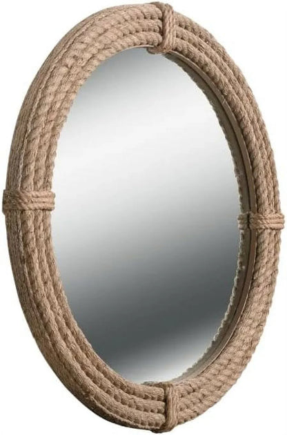 Round Jute Wall Mirror Decorative Wall Mounted Nautical Themed Rustic Rope Mirror with Hanging Loop, Handcrafted Vintage Nautical Design, Brown (18 Inch)