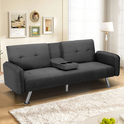 Aukfa 75" Square Arm Futon Convertible Sofa Bed for Home Office, 2 Cup Holders, Linen, Dark Gray