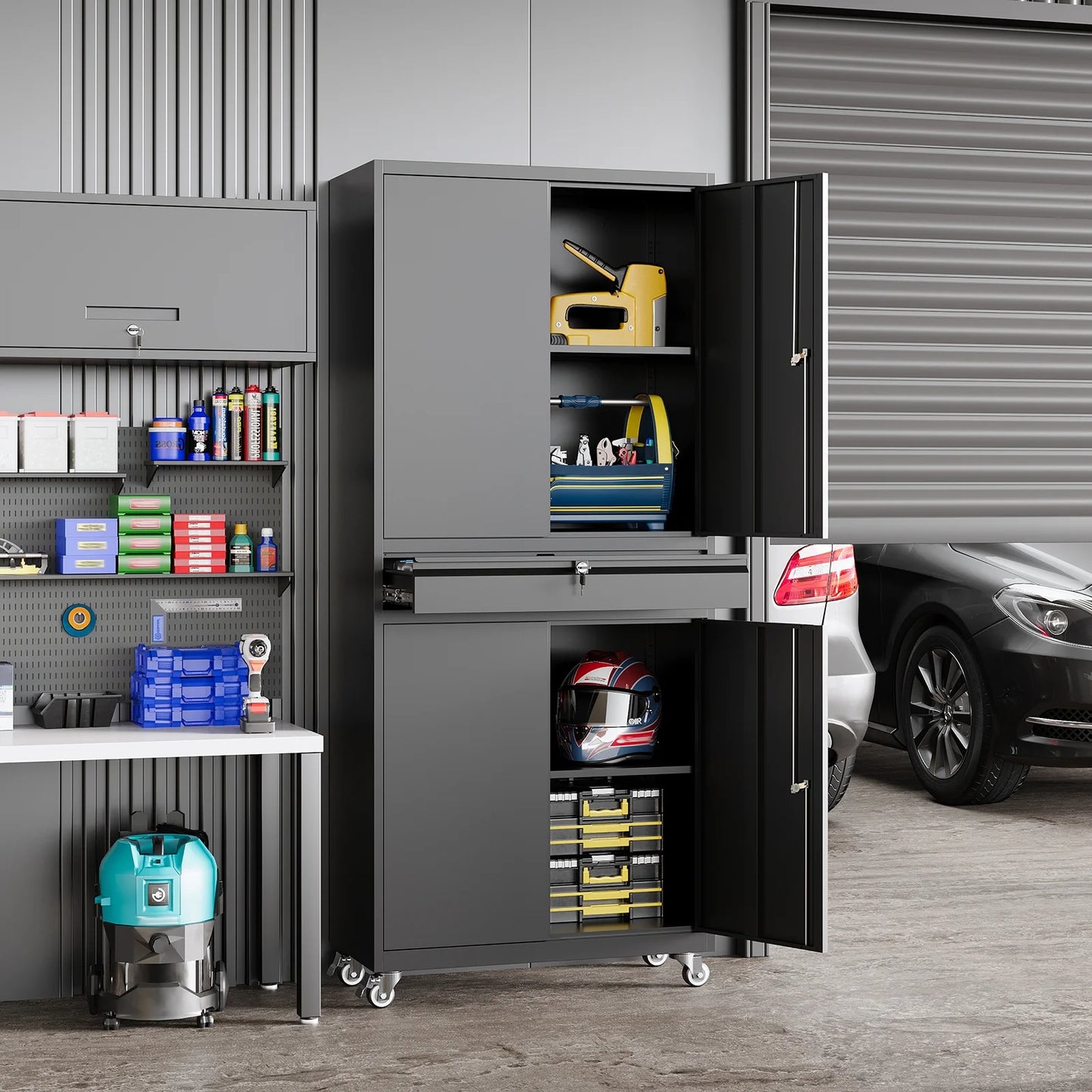 STANI Metal Garage Storage Cabinets with Drawer, 4 Doors Tool Storage Cabinet with 2 Adjustable Shelves, 73"H Rolling Steel Locking Cabinet for Garage Utility Room Home Office (Black, 4 Wheel)