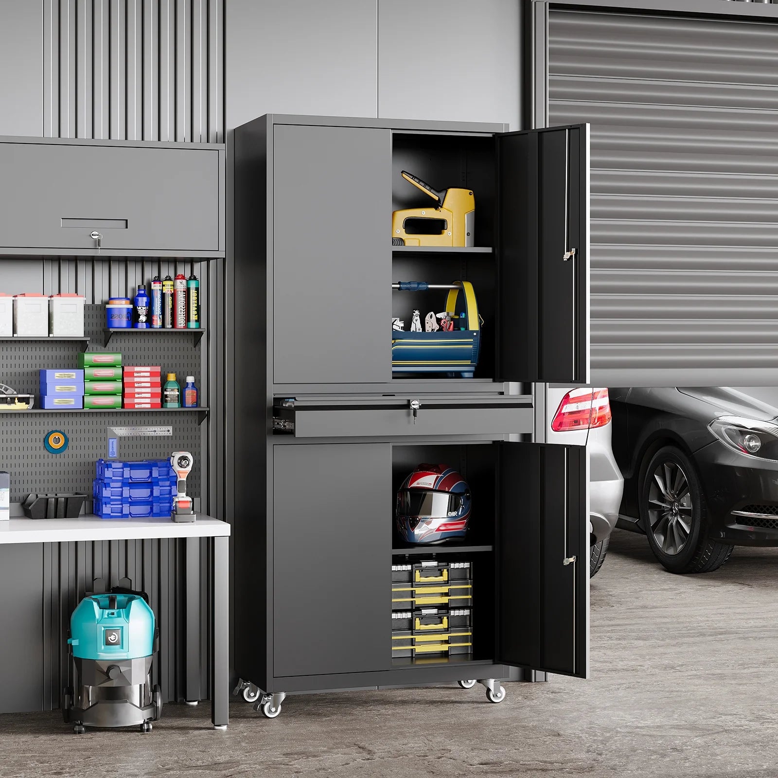 STANI Metal Garage Storage Cabinets with Drawer, 4 Doors Tool Storage Cabinet with 2 Adjustable Shelves, 73"H Rolling Steel Locking Cabinet for Garage Utility Room Home Office (Black, 4 Wheel)