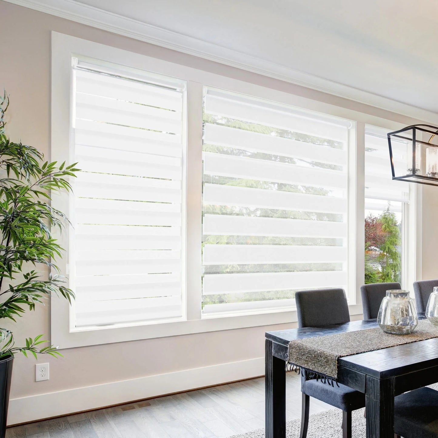 Zebra Cordless Window Blinds, Dual Layered Light Filtering Roller Shades, Easy Install Blinds, Indoor Home Decor, Pull-Down Shades for Windows, Light Control for Day & Night, White, 66"W X 72"H
