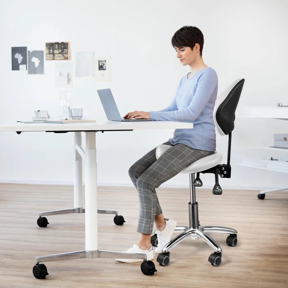 Ergonomic Swivel Saddle Chair with Footrest, Adjustable Rolling Stool for Home Offices, Kitchen Workspaces, and Drafting Stations(White)