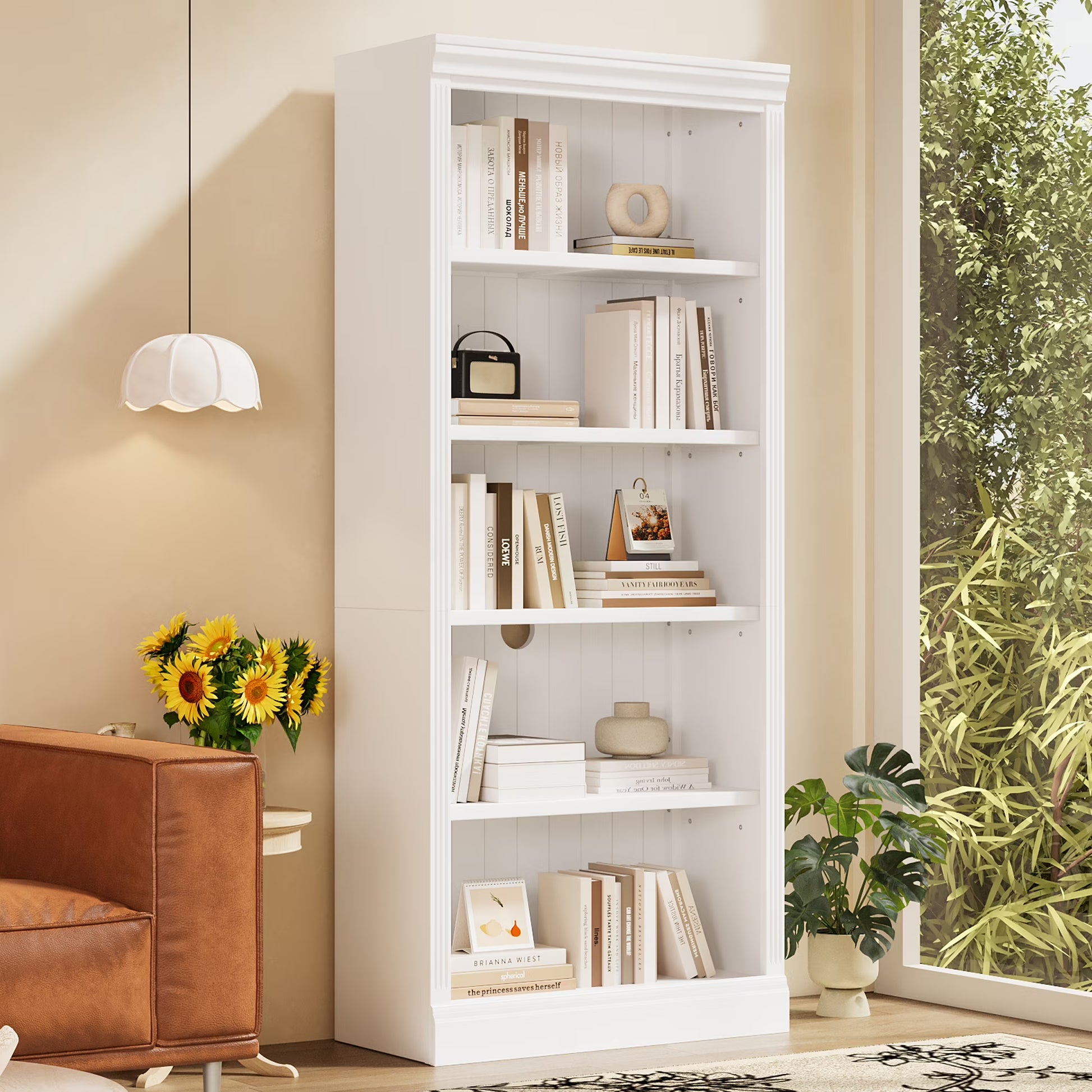 Harper & Bright Designs Tall Wood Bookcase with Light Strip, 5 Tier Bookshelves with Adjustable Shelves, Free Standing Storage Organizer for Home Office, Beige+Cream, Beige+Yellow