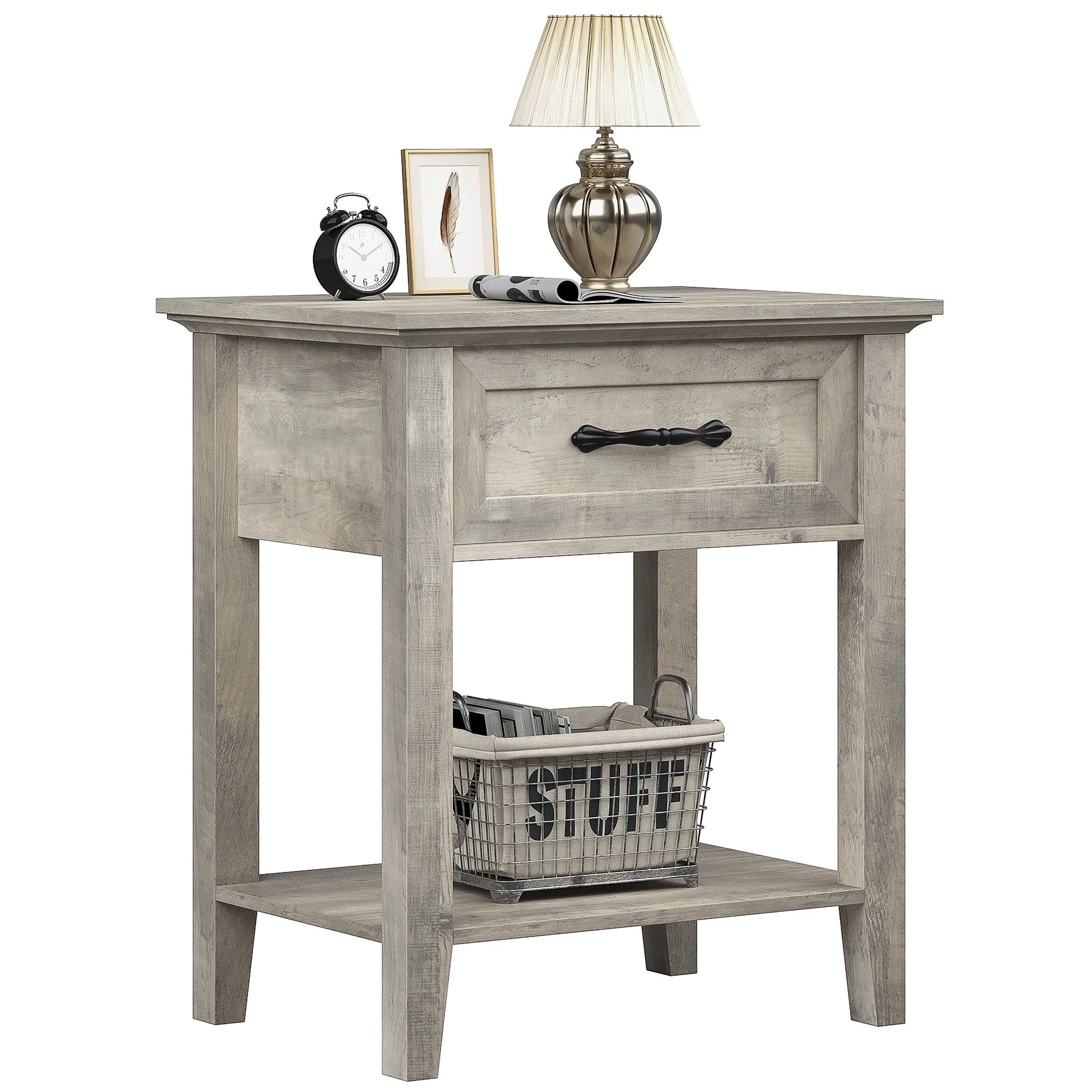 Amyove Square Nightstand, Bedside Table End Table for Bedroom Nursery Living Room, End Table with Storage Drawer, Easy Assembly, Grey