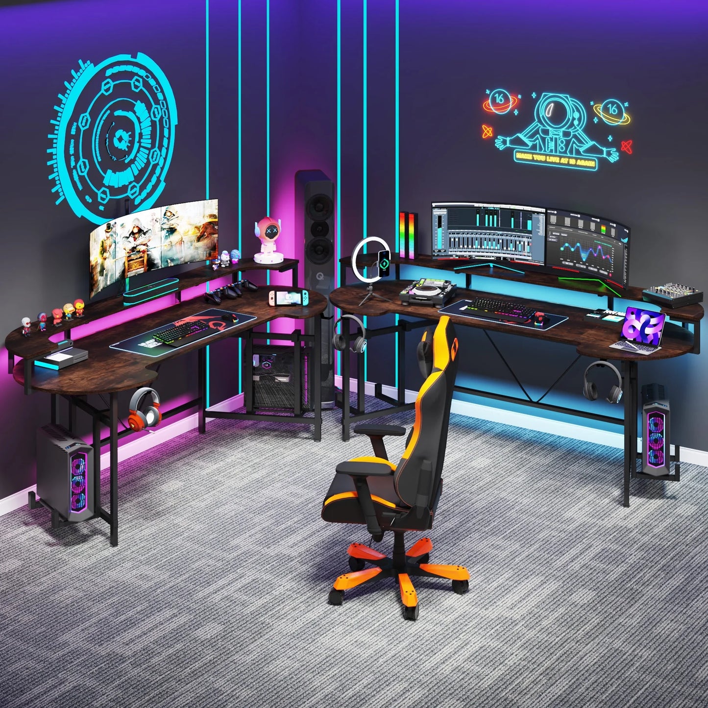Tribesigns Gaming Desk with Monitor Shelf, 75 inch PC Computer Desk with LED Strip, Carbon Fiber Surface Gaming Table Gamer Workstation for Bedroom, Home Office, Black