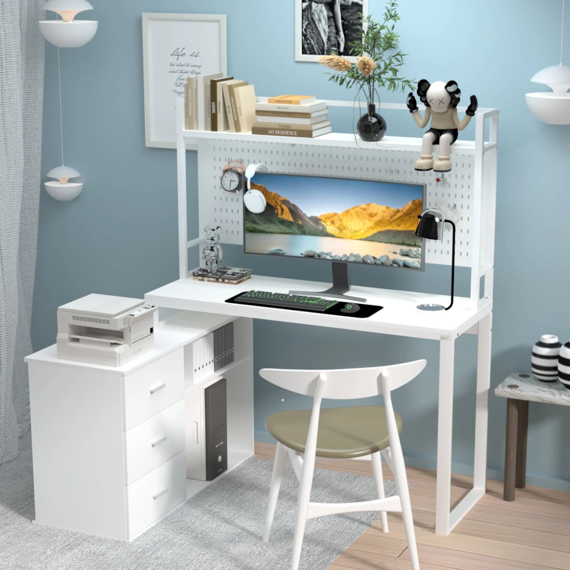 PAKASEPT 4 In 1 Home Office Computer Desk L Shaped Desk, Reversible Corner Desk with Drawers & Shelves & Pegboard, White Desk Study Writing Table for Home Office