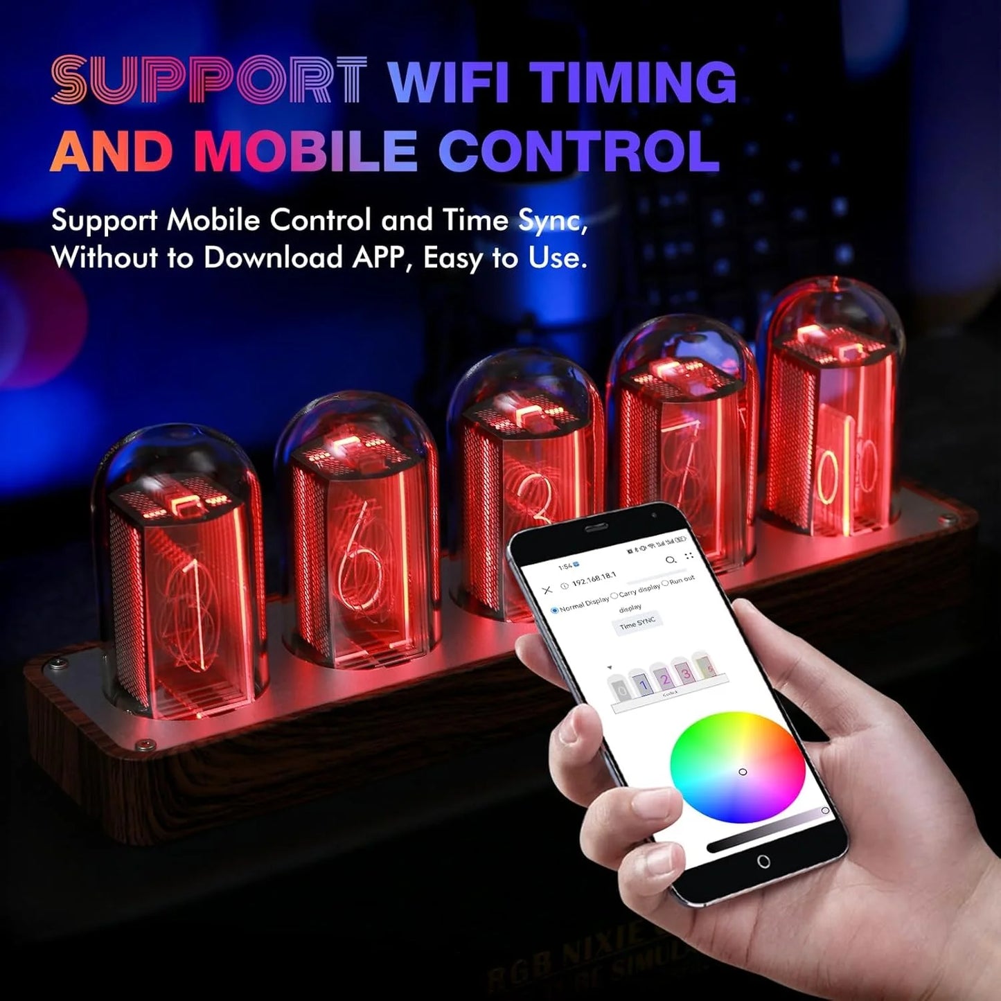 Retro Nixie Tube Clock with Wi-Fi Sync, Alarm & Timer, 12/24H Display, No Assembly Required - Wooden Design