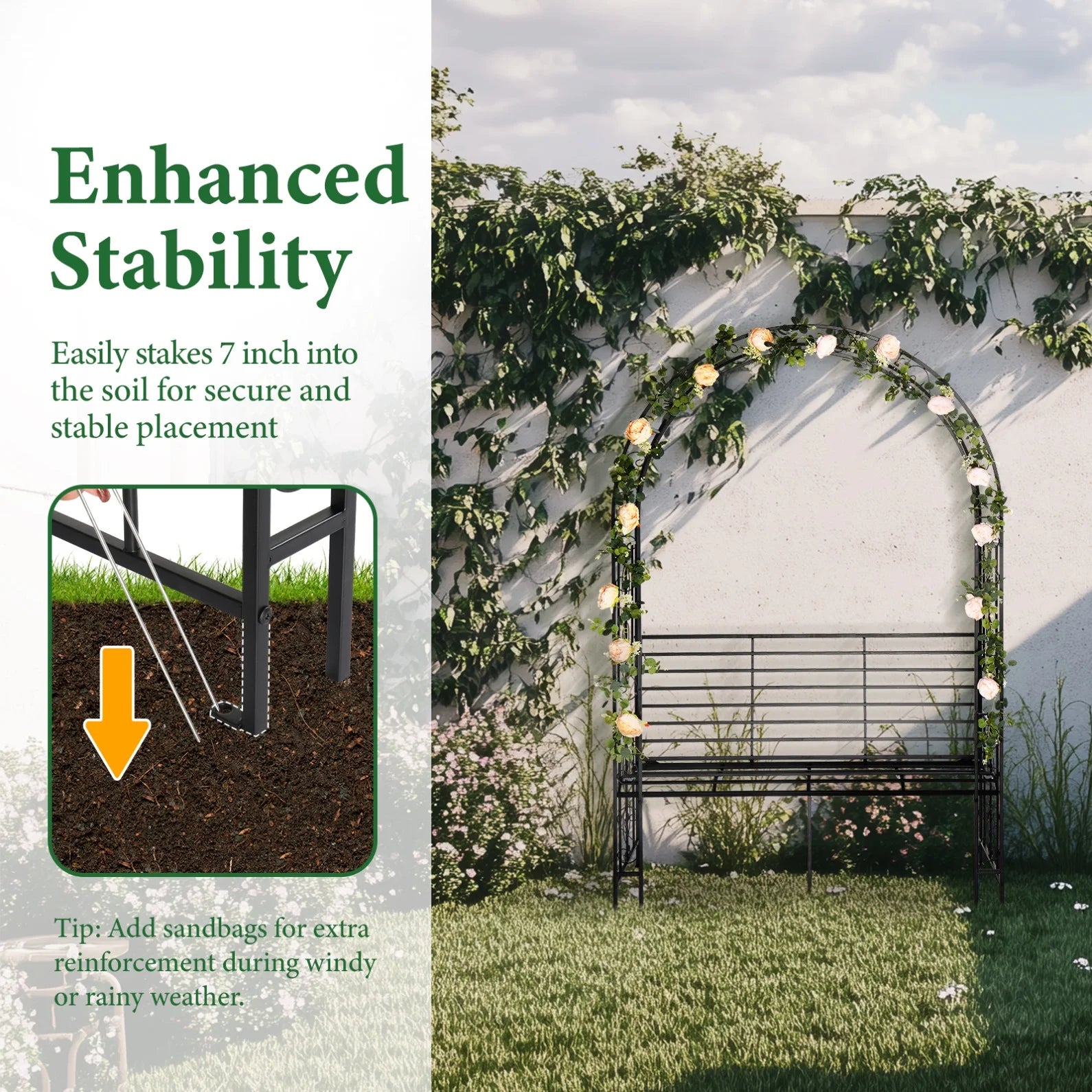 Garden Arch with 2-Person Bench, Heavy Duty Metal Garden Arbor Archway Trellis for Climbing Plants, Outdoor Wedding Arches Patio Trellis Pergola for Ceremony Party Lawn Backyard