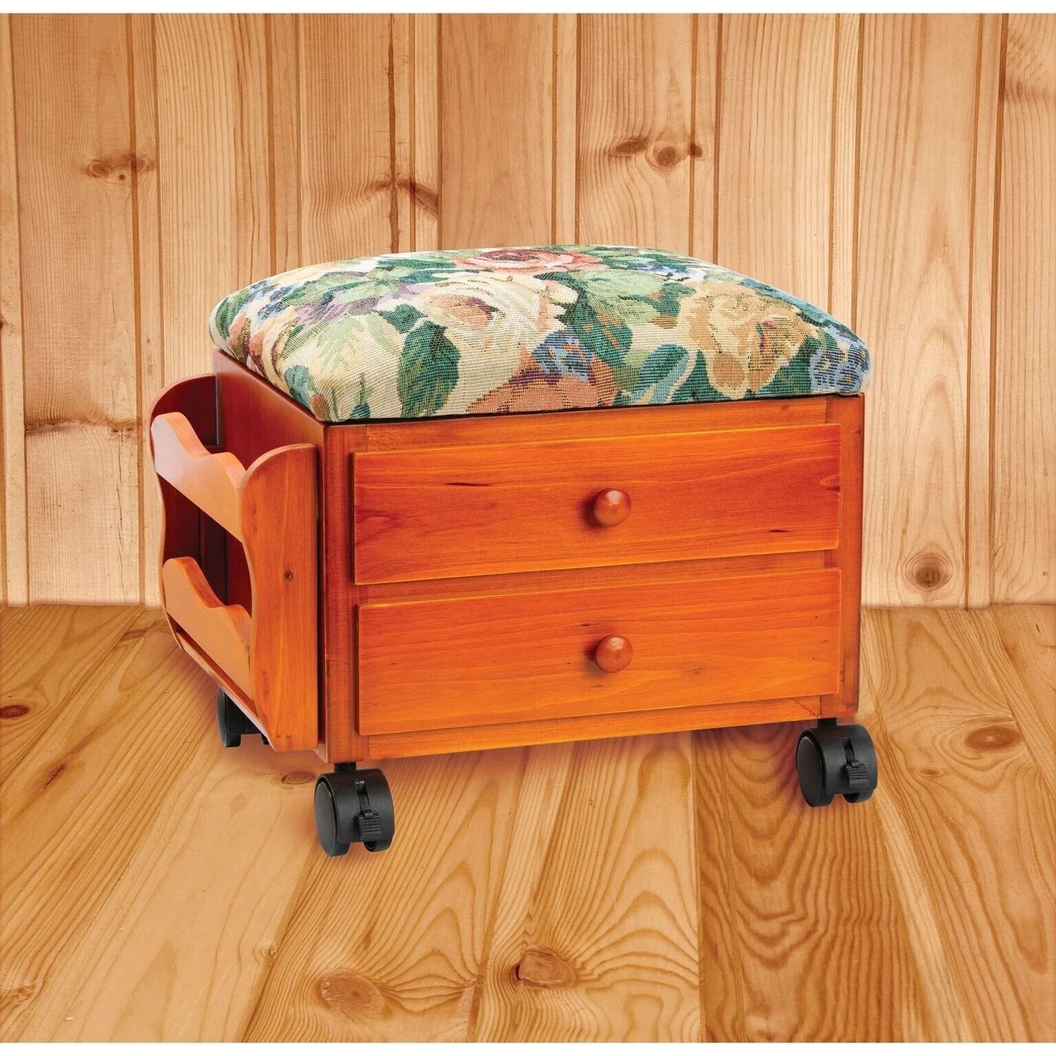 Foot Stool, Footrest Small Ottoman Stool, Elevated with Rolling Wheels- Wooden Walnut Storage Drawer and Magazine Rack- Tapestry Top with Storage