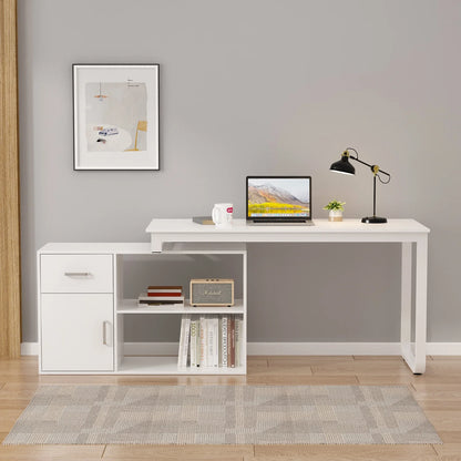 OXYLIFE 55 Inch Reversible Home Office Desk, Wood L-Shaped Corner Desk, Writing Workstation with Drawer, Shelves and File Cabinet, White