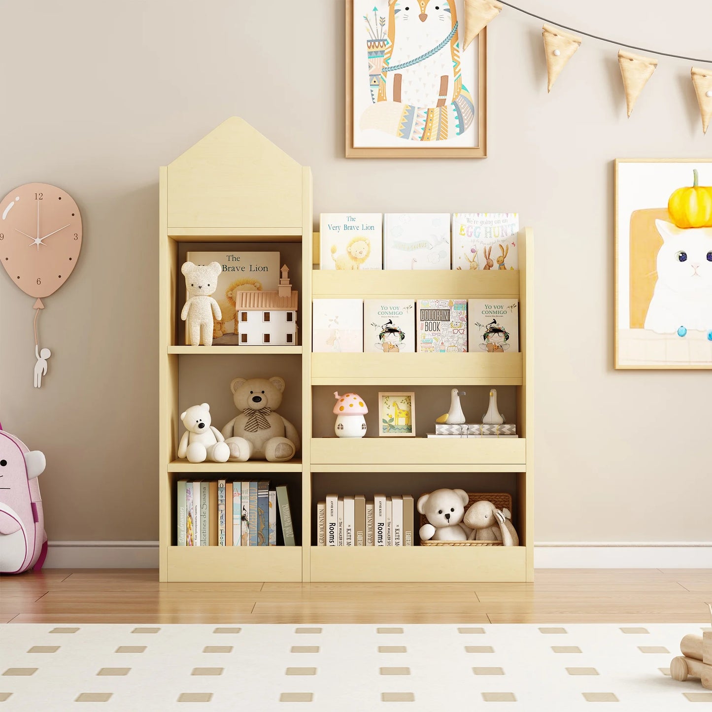 PAPROOS Kids Bookshelf, Wooden Kids Bookcase with Toy Storage Organizer Cabinet, Children Multi Shelf Cubby for Classroom, Kids Bedroom, Nursery, Wood