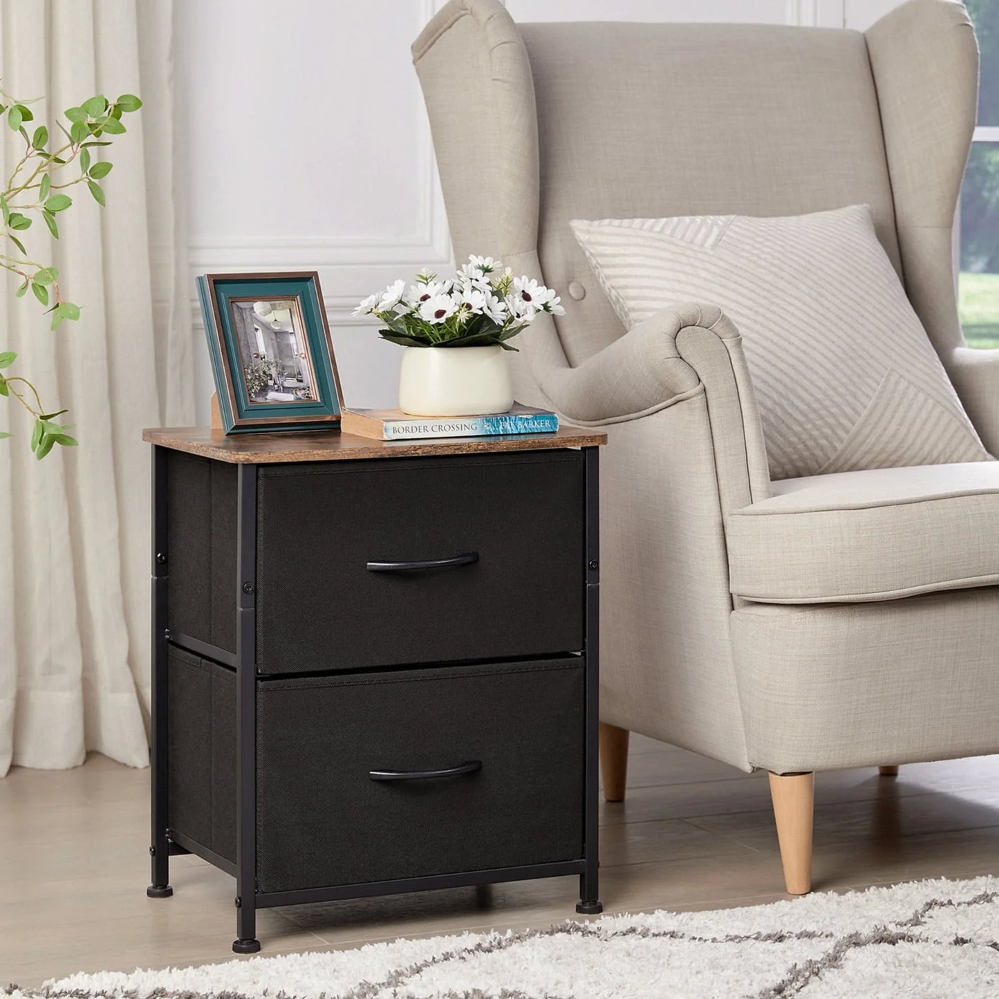 Somdot Small Dresser with 2 Drawers Set of 2, Nightstands Bedside Table with Removable Fabric Bins for Bedroom Office Laundry Closet Entryway Hallway Nursery Room,Black/Rustic Brown