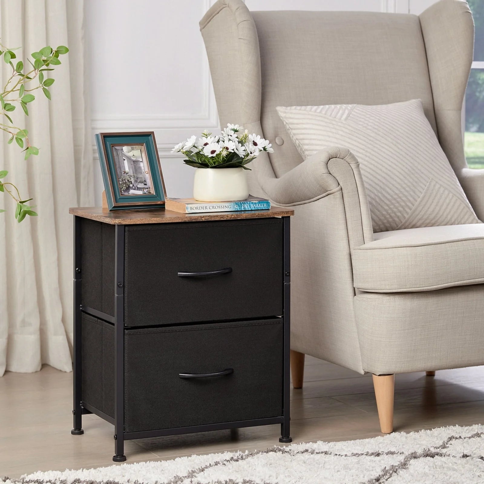 Somdot Small Dresser with 2 Drawers Set of 2, Nightstands Bedside Table with Removable Fabric Bins for Bedroom Office Laundry Closet Entryway Hallway Nursery Room,Black/Rustic Brown