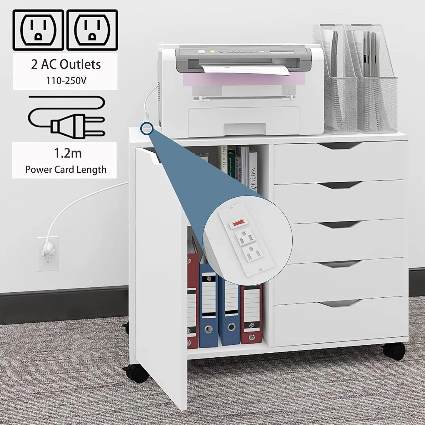 Natwind 5-Drawer Mobilable Wood Printer Stand with Charging Station,Cart File Storage Cabinets with Socket and Door Home Office Lateral Filing Cabinet(white)