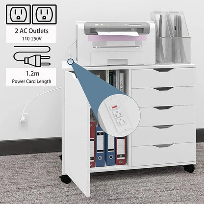 Natwind 5-Drawer Mobilable Wood Printer Stand with Charging Station,Cart File Storage Cabinets with Socket and Door Home Office Lateral Filing Cabinet(white)