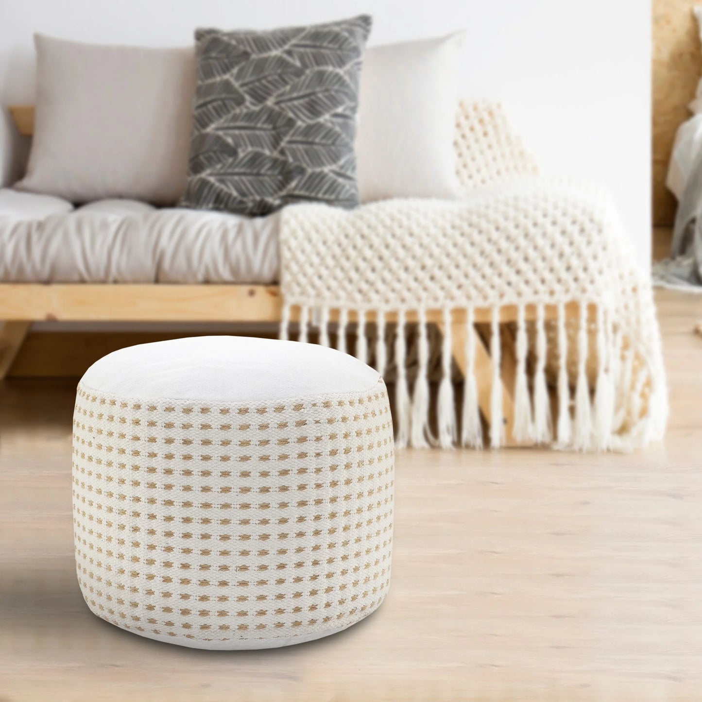 Laddha Home Designs 18" Tan and White Dashing Geometric Handcrafted Round Pouf Ottoman
