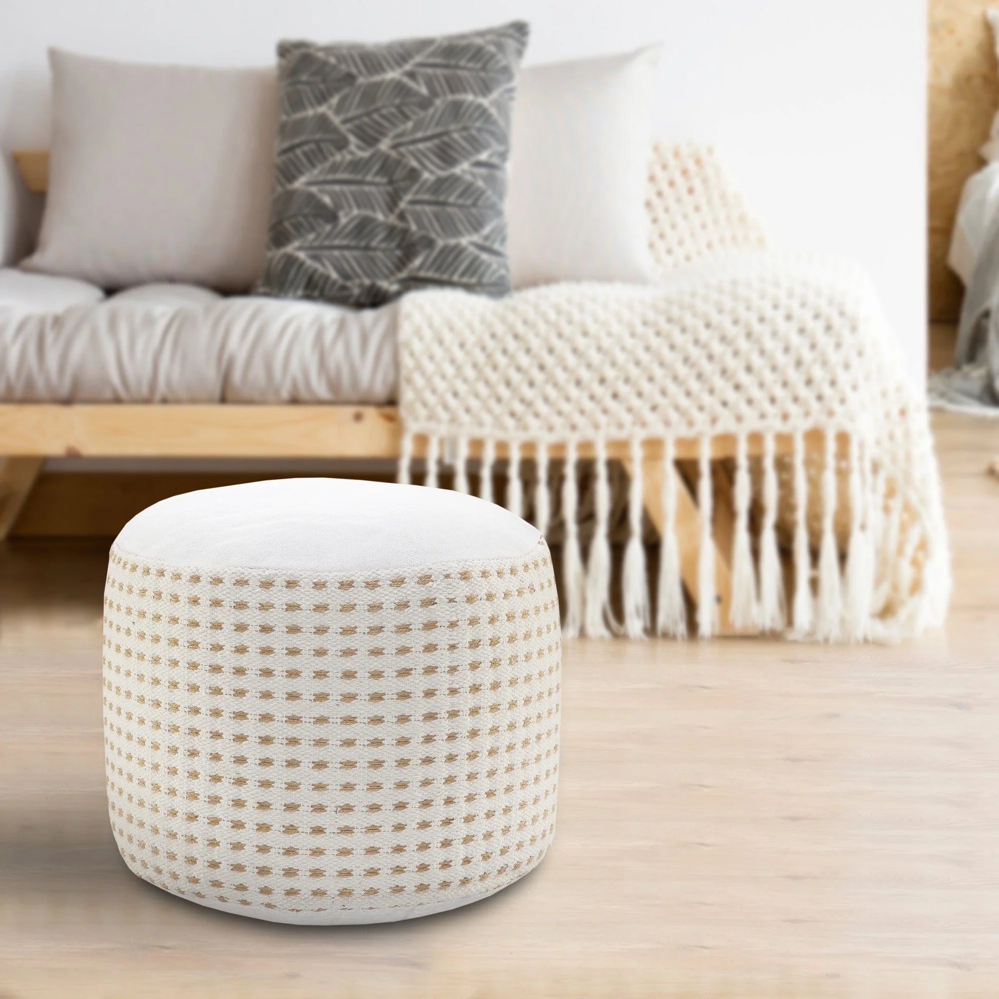 Laddha Home Designs 18" Tan and White Dashing Geometric Handcrafted Round Pouf Ottoman