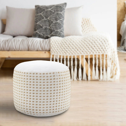 Laddha Home Designs 18" Tan and White Dashing Geometric Handcrafted Round Pouf Ottoman