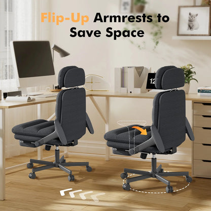 HomeZeer Ergonomic Cross-Legged Office Chair with Footrest & Headrest, Heavy Duty Executive Desk Chair with Flip-up Armrests, Corduroy Fabric Computer Criss Cross Chair for Home Office, Black