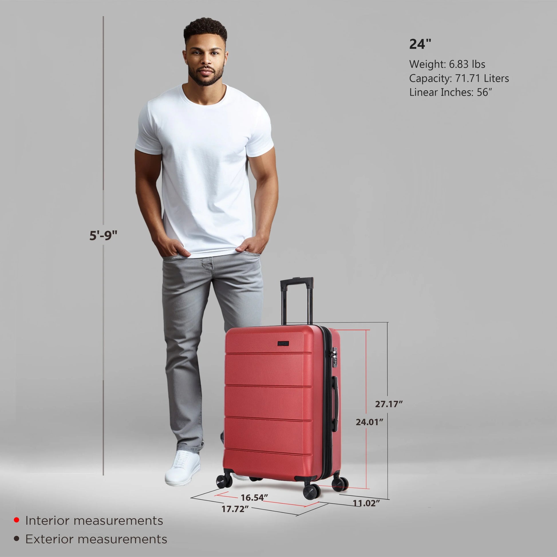 InUSA Elysian 24" Hardside Lightweight Luggage with Spinner Wheels, Handle, and Trolley, Wine