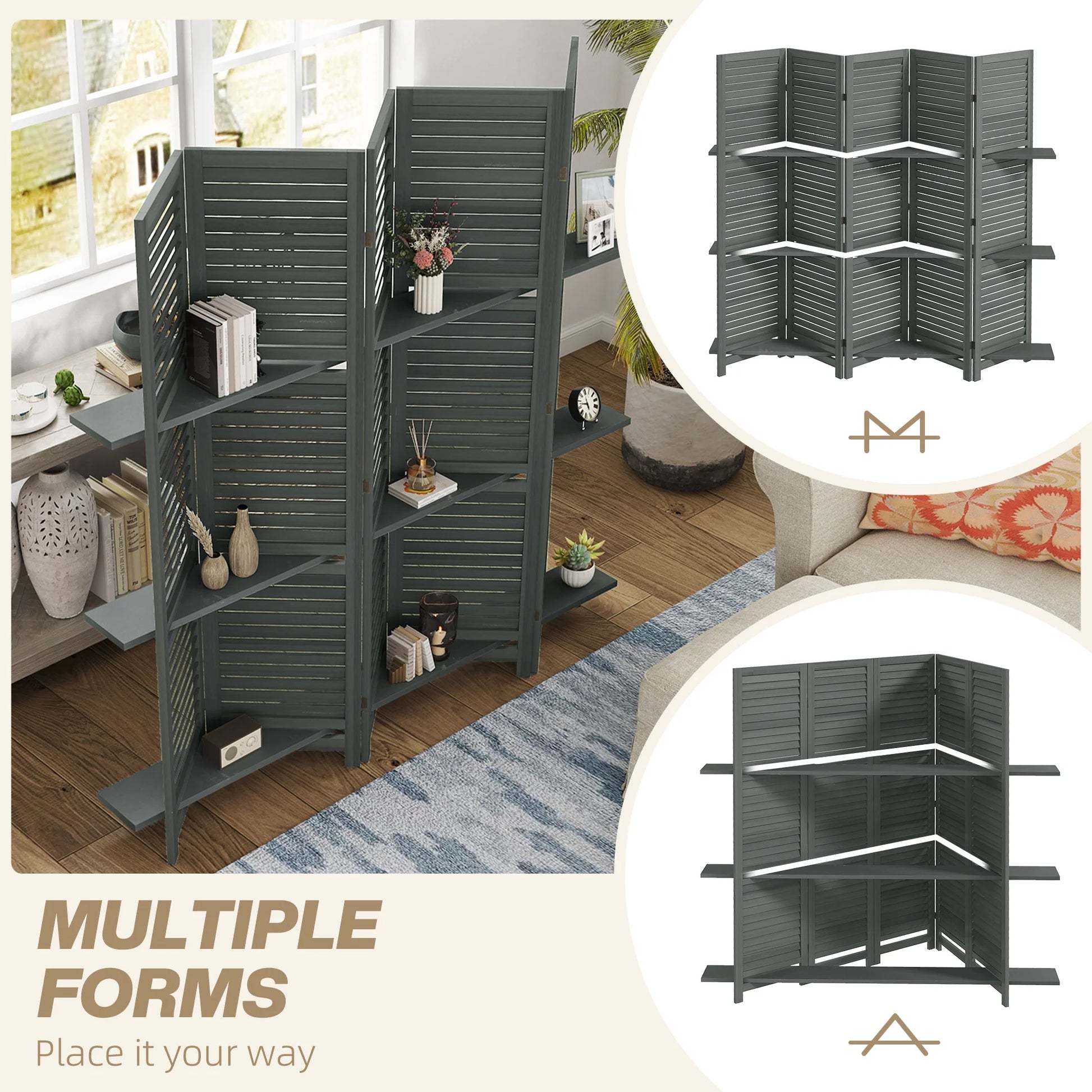 HOMCOM 5 Panel 67" Tall Wood Privacy Screen Room Divider with 3 Display Shelves, and Folding Storage for Bedroom or Home Office, Gray