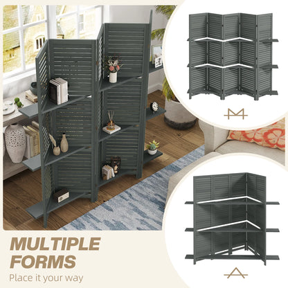 HOMCOM 5 Panel 67" Tall Wood Privacy Screen Room Divider with 3 Display Shelves, and Folding Storage for Bedroom or Home Office, Gray