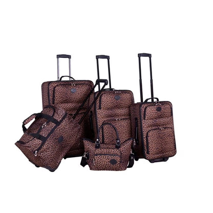 Pemberly Row Traditional Polyester 5-Piece Luggage Set in Leopard