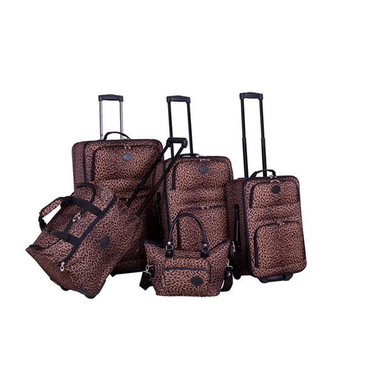 Pemberly Row Traditional Polyester 5-Piece Luggage Set in Leopard