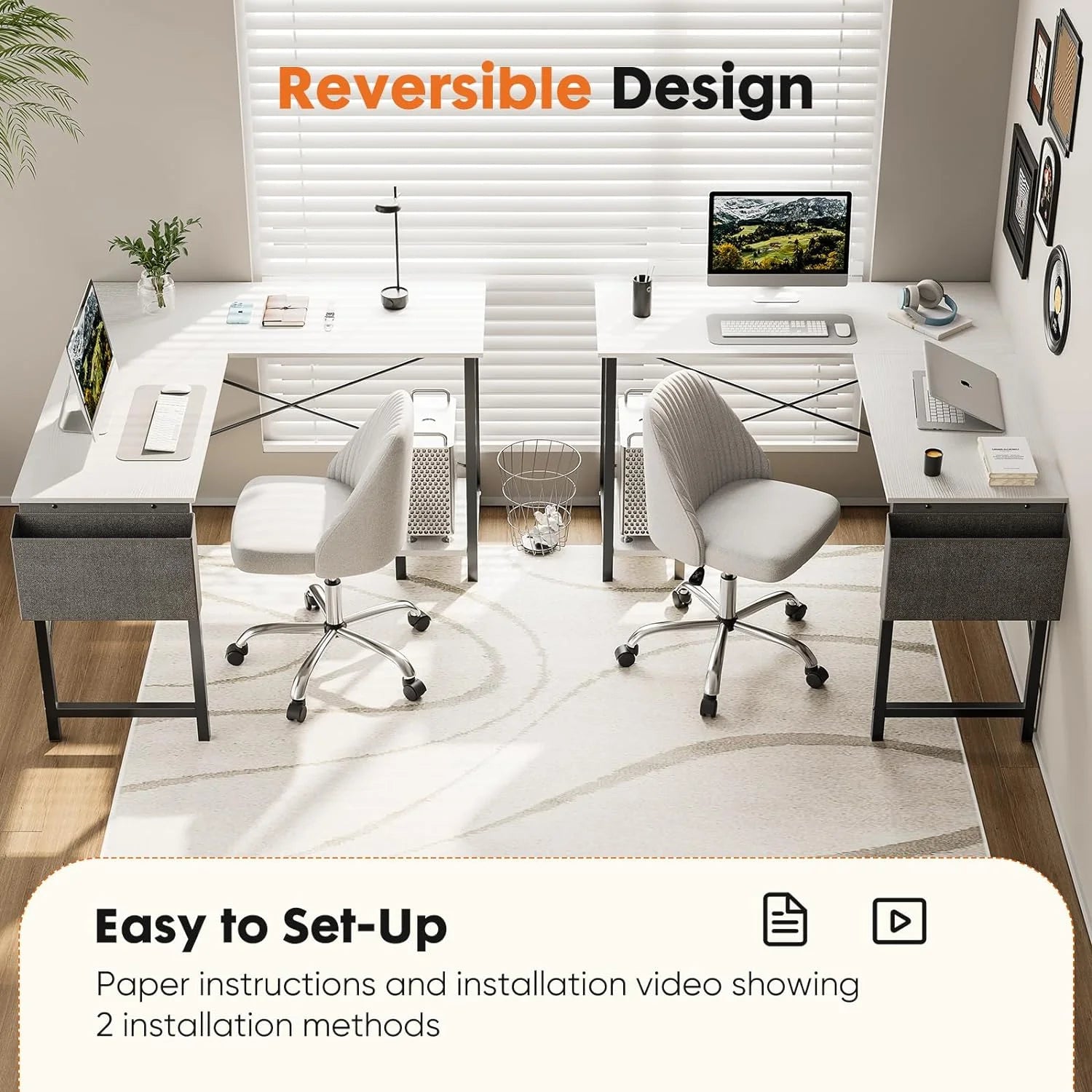 L Shaped Computer Desk - Gaming Corner 50 Inch PC White Writing Study Student Table with Wooden Desktop CPU Stand Side Bag Reversible for Home Office Room Small Space, White