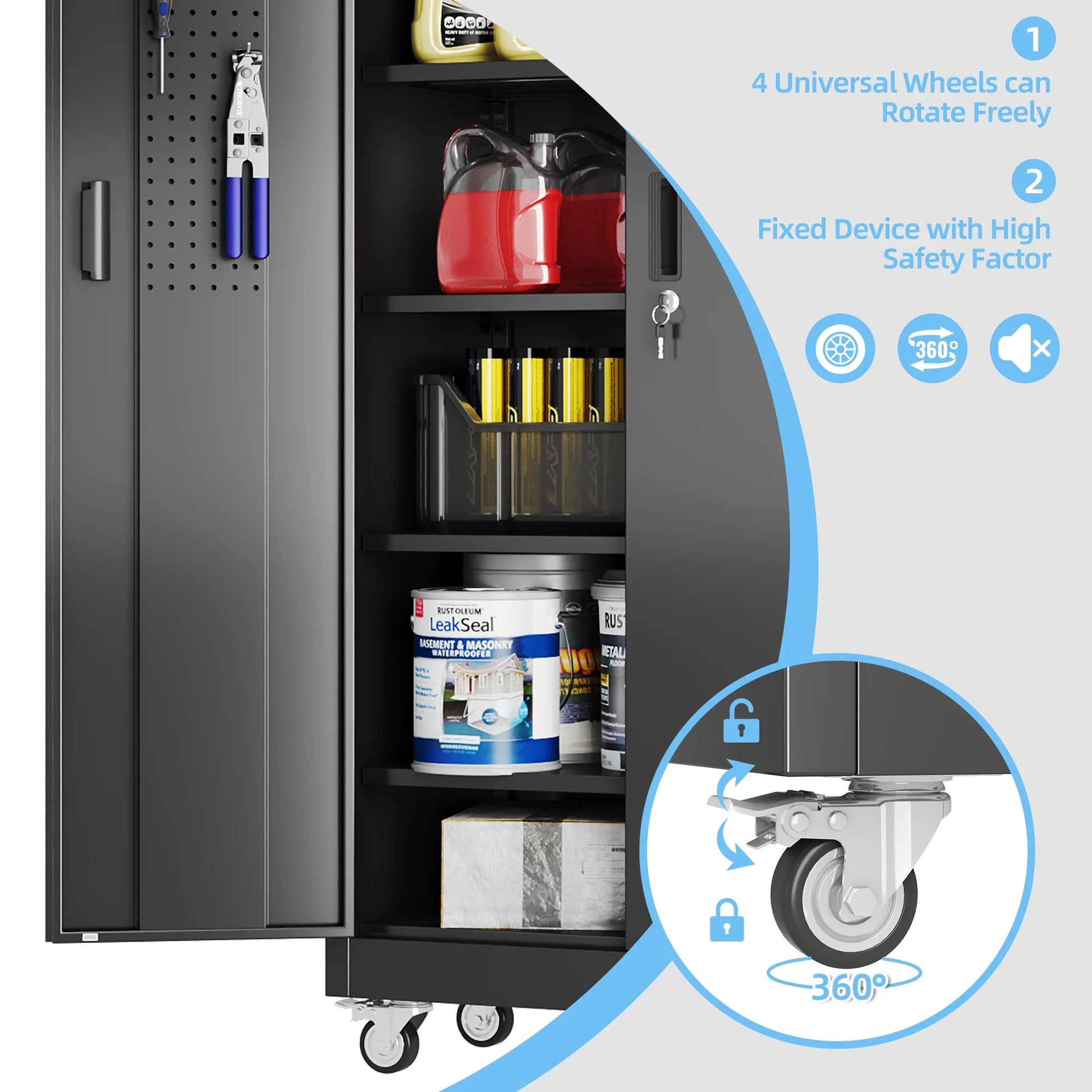 Gaeanet Rolling Tool Storage Cabinet with 5 Adjustable Shelves and Pegboard,Metal Garage Storage Cabinet with Wheels for Garage Home Office Utility Room,71" H32" W16" D,Required Assembly, Black