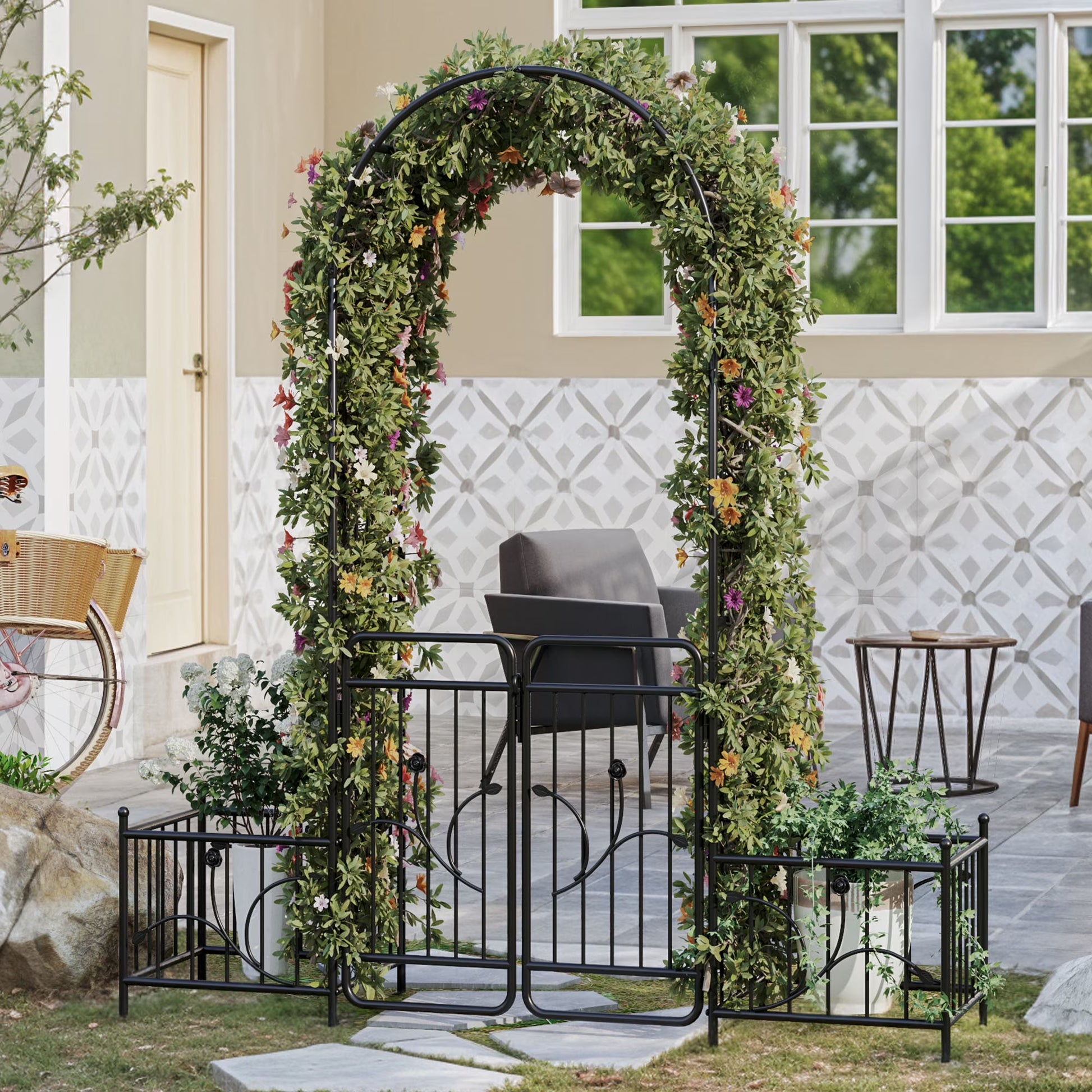 Uforic 87" Metal Garden Arbor Arch with Gate and Planter Boxes, Garden Trellis for Climbing Plants, Patio Wedding Party Lawn Arches Decoration, Black