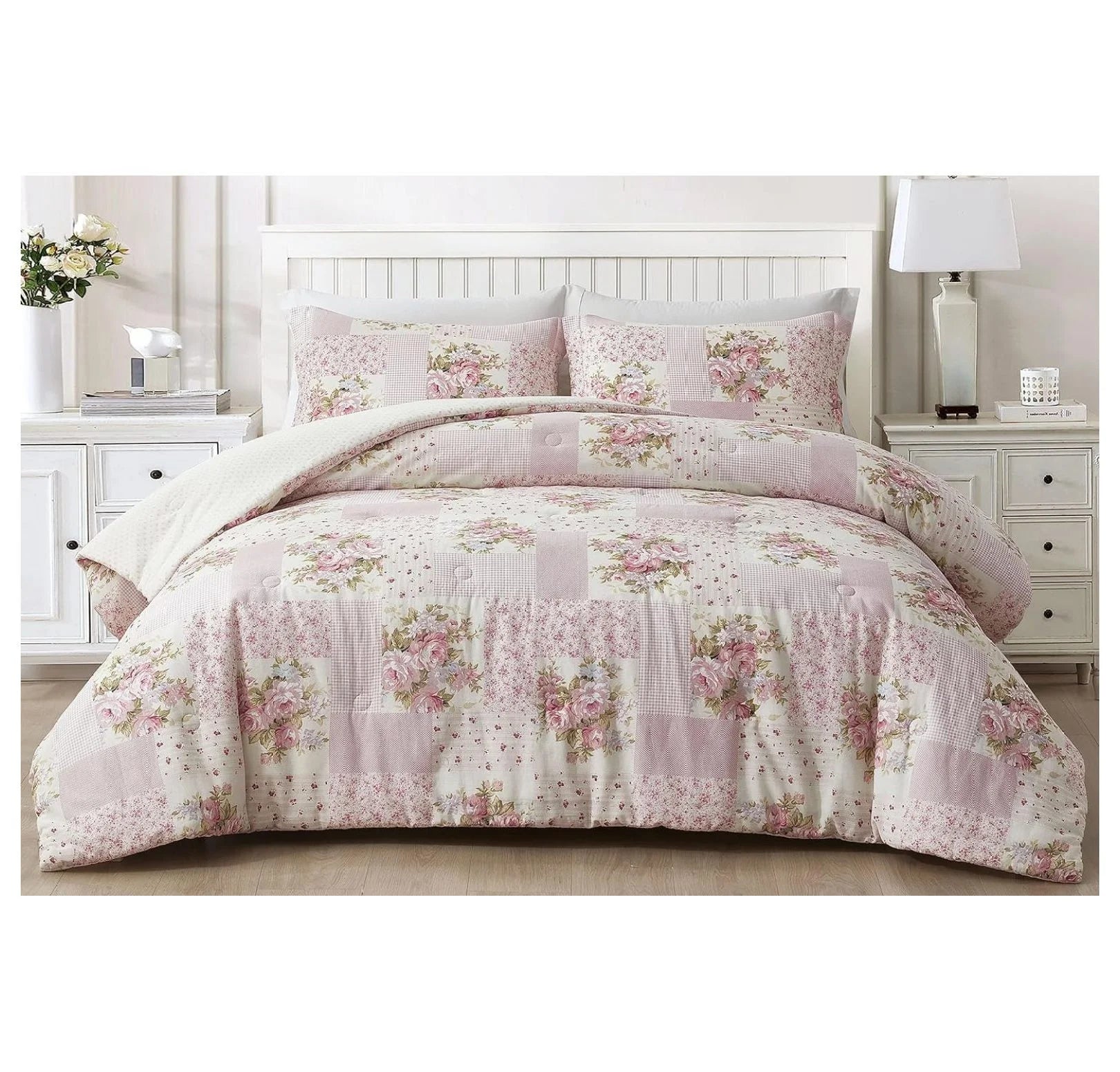 YOSITiuu Rosy 3-Piece Queen Size Washed Cotton Comforter Set - Floral Bedding Set Ivory Green Flower Polka Dot Printed Patchwork Reversible Lightweight Comforter for All Season
