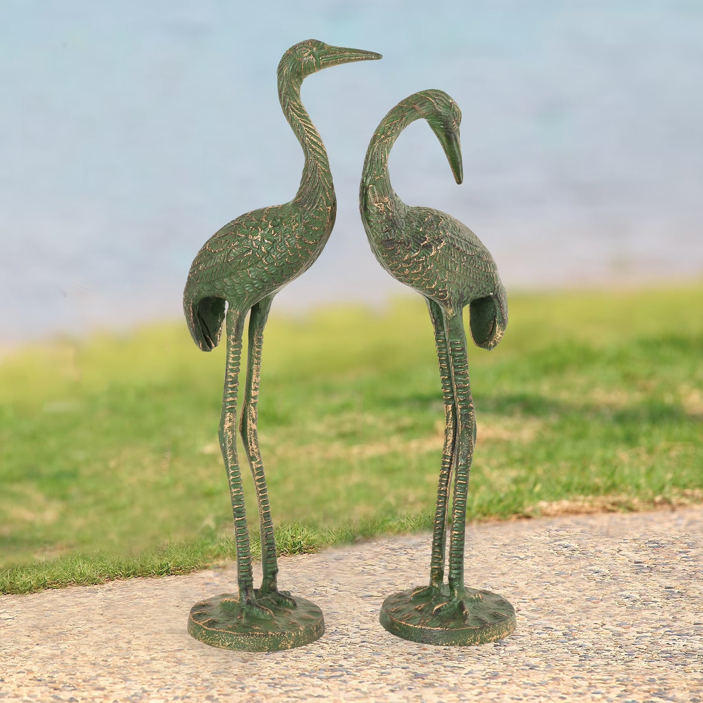 Bashful Crane Pair Antique Verdigris Green Metal Garden Sculpture