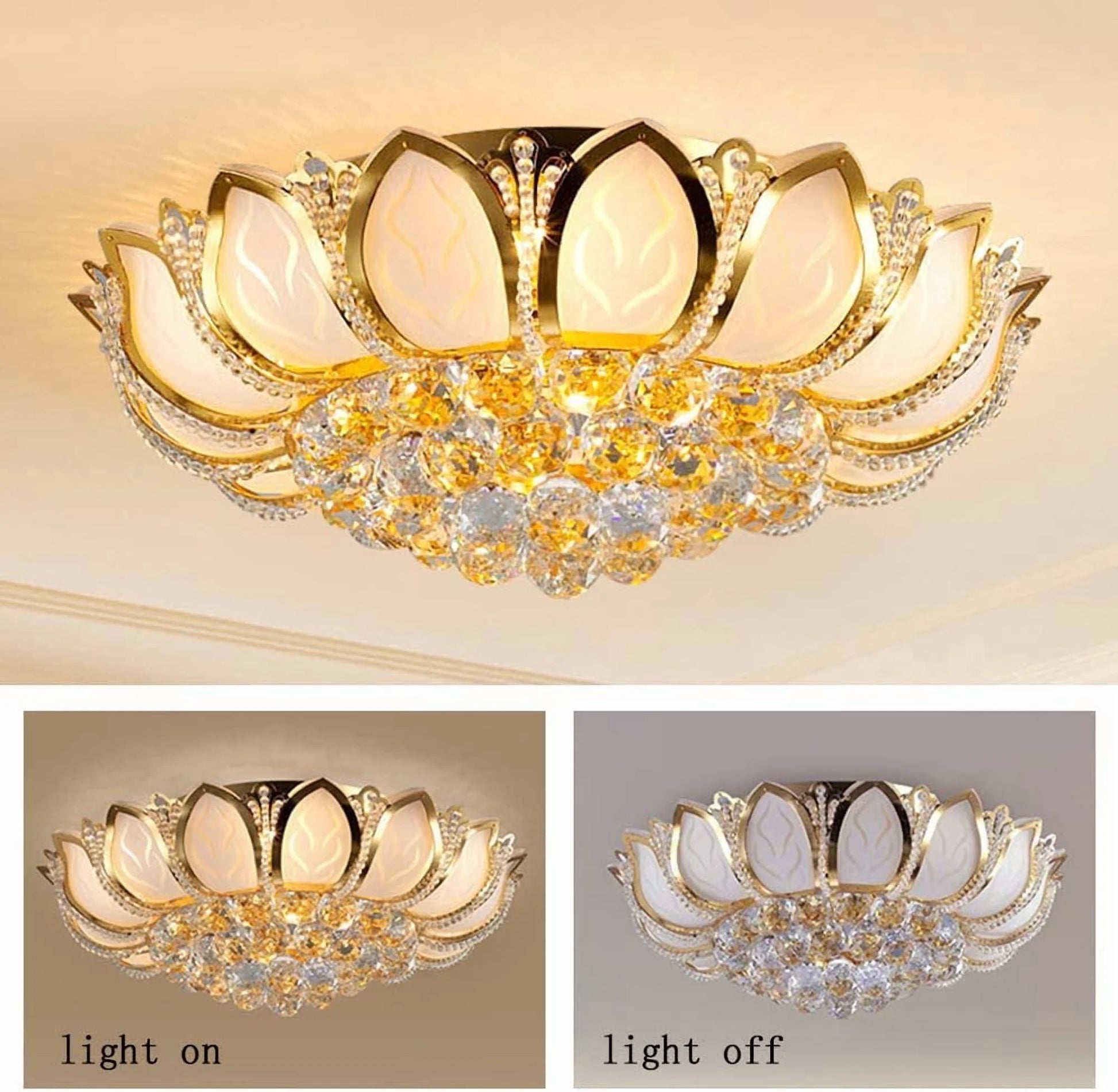 Crystal Ceiling Lamp Modern Chandelier 110V Gold Flower Shape Pendant Light Fixture 23.5 in Bedroom Flush Mount Hanging Lamp for Living Room Bedroom Hallway (No Remote Control)
