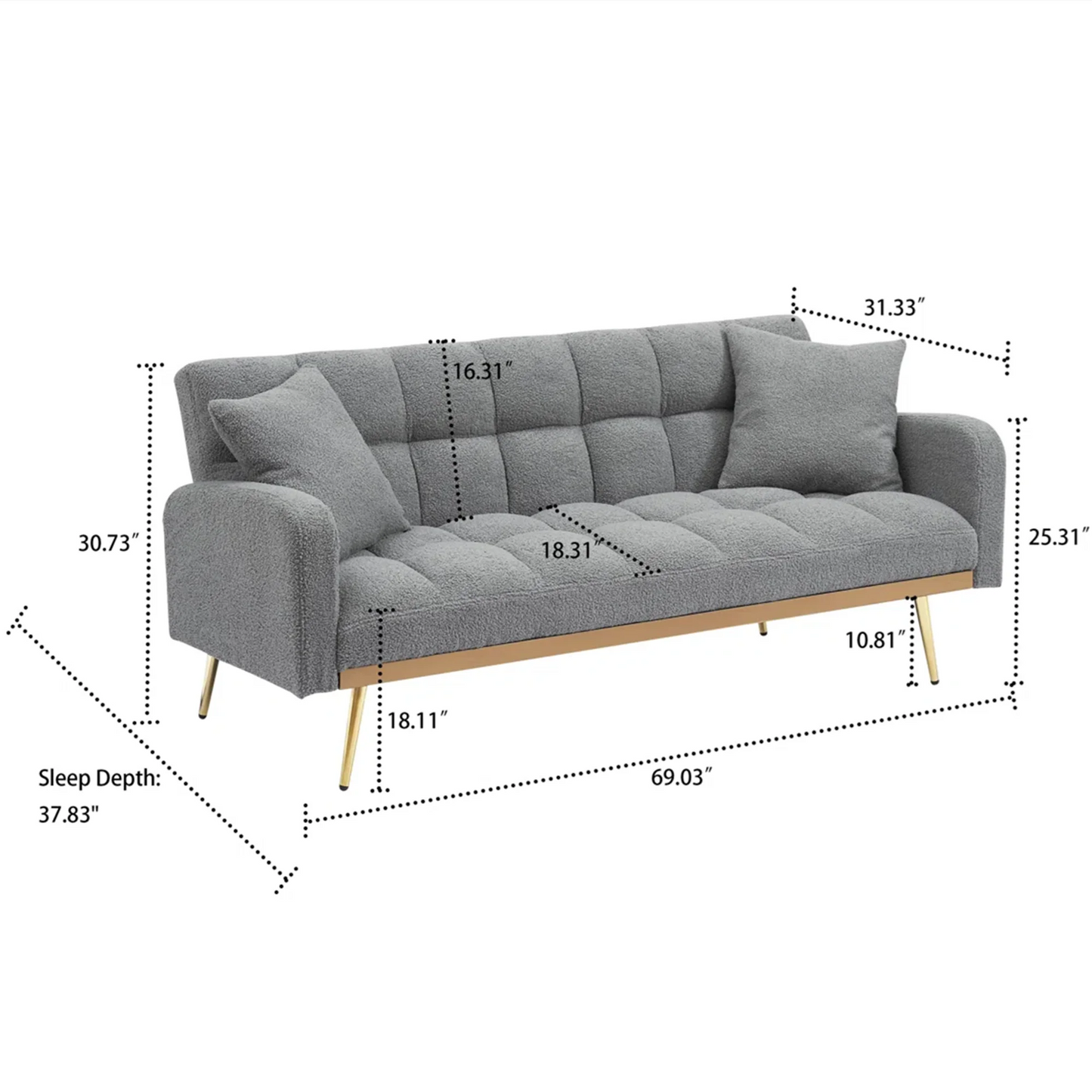 Aukfa Square Tufted Futon Convertible Sofa Bed for Home Office, 2 Pillows, Teddy Fleece, Gray