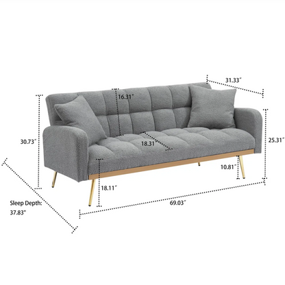 Aukfa Square Tufted Futon Convertible Sofa Bed for Home Office, 2 Pillows, Teddy Fleece, Gray