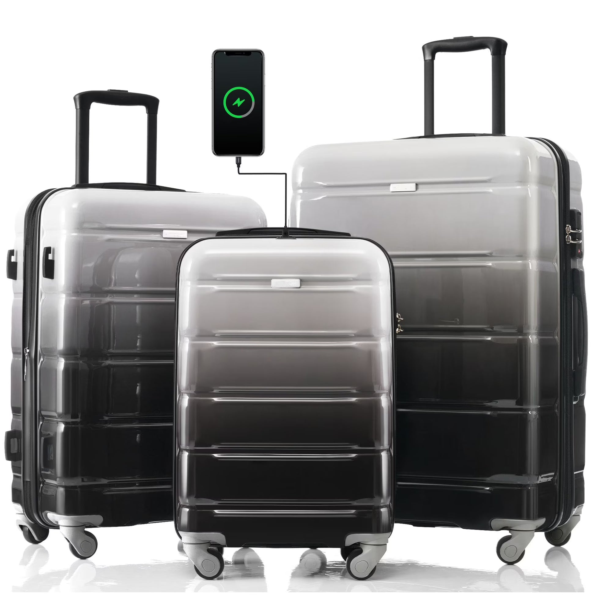 PAPROOS 3-Piece Luggage Set (20''/24''/28''), Hardshell Lightweight Suitcase with USB Port and Side Hooks, Travel Luggage with TSA-Lock, Hardside Rolling Luggage for School, Travel, Pink