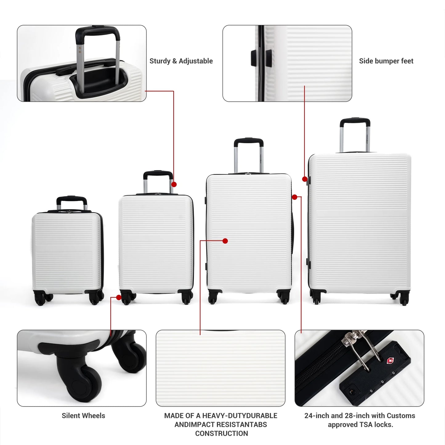 Tripcomp 7-Piece Hardside Luggage Set with TSA Lock Lightweight ABS+PC Suitcase (16/20/24/28 Inch) with 360° Silent Spinner Wheels, Duffel Bag and 2 Packing Cubes (White)
